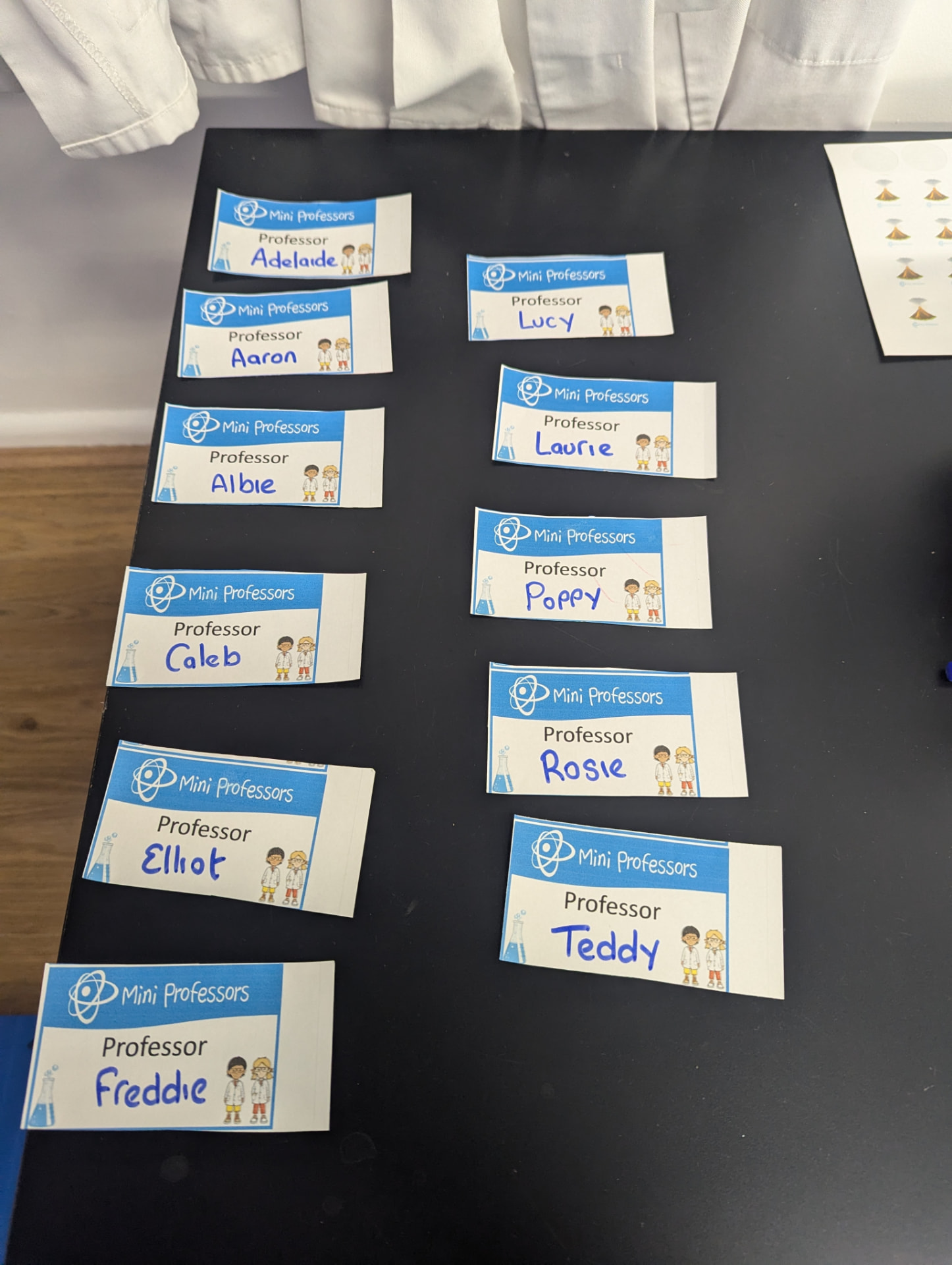 Personalised Mini Professors name badges laid out for each guest